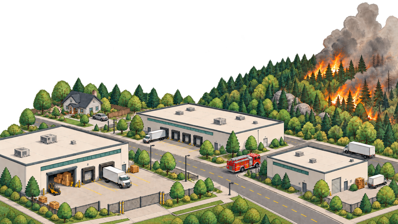 An industrial estate and a house beside forest, with a wildfire advancing through the treeline