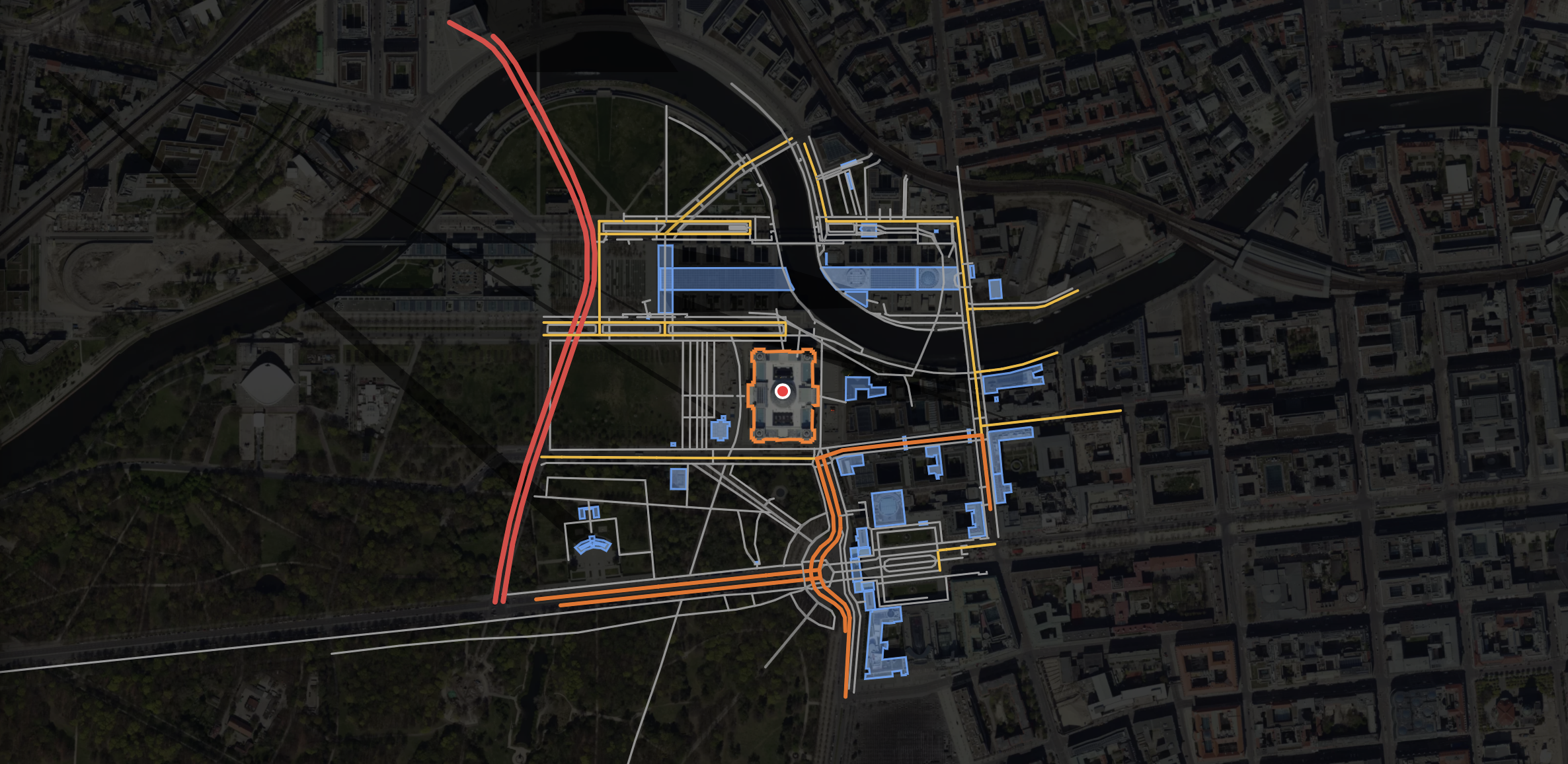 Infrastructure, access routes and building outlines mapped over an aerial view